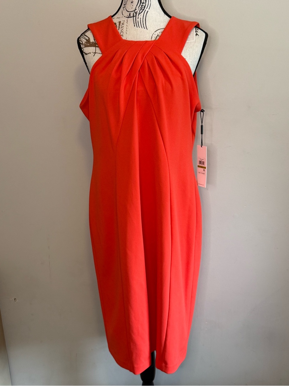 NWT - Calvin Klein Coral-Red Pleated Neck Midi Dress - Size 14